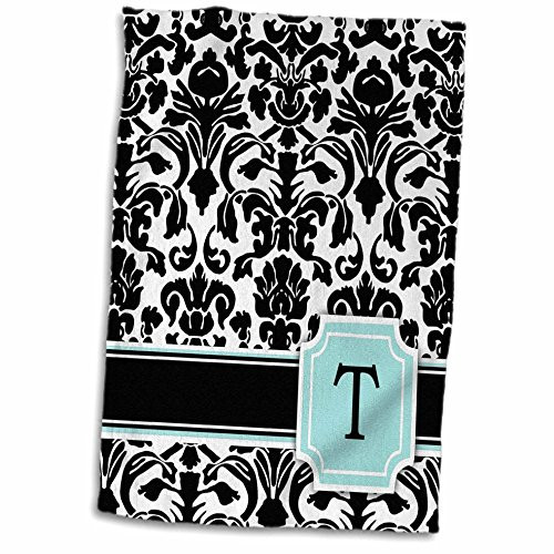 3D Rose Letter T Monogrammed Mint Blue Black and White Damask Pattern-Classy Personalized Initial Towel 15" x 22" Multicolor