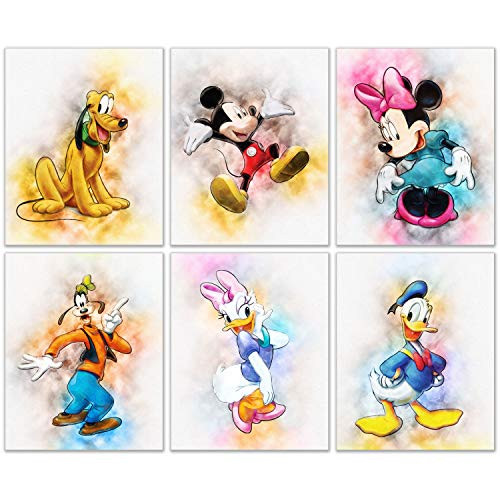 Mickey Mouse Original Watercolor Prints - Set of 6 Nursery Wall Art Decor -8 inches x 10 inches- - Minnie Donald Daisy Duck Pluto Goofy