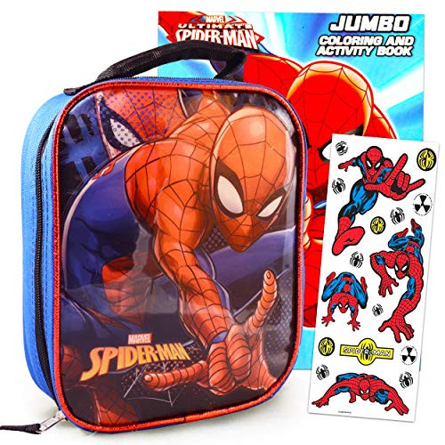 Spiderman Lunch Box Travel Activity Set ~ Insulated Spiderman Lunch Bag with Spiderman Coloring Book and Stickers for Boys Girls Kids -Spiderman School Supplies Bundle-