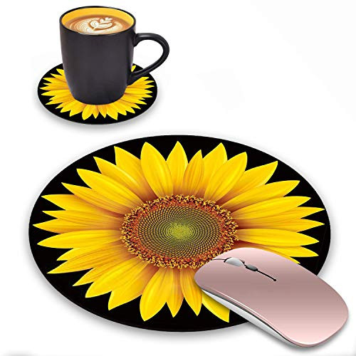 LACOMA Round Mouse Pad and Coasters Set Sunflower Design Mouse Pad Non-Slip Rubber Base Mouse Pads for Laptop and Computer Cute Design Desk Accessories