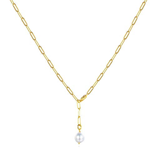 18k Real Gold Plated Dainty Paperclip Chain Single Pearl Necklace Fashion Simple Gold Chain Necklaces for Women Girls 18k Real Gold Plated Dainty Paperclip Chain Single Pearl Necklace Fashion Simple Gold Chain Necklaces for Women Girls