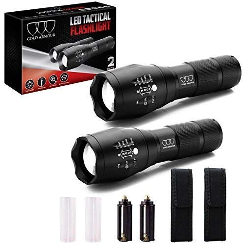 2 PACK LED Tactical Flashlight - High Lumen, Zoomable, 5 Modes, Water Resistant, Handheld Light with Holster - Best Camping, Outdoor, Emergency, Hurricane Everyday Flashlights (2Pack A1000)