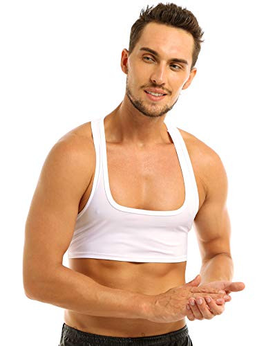 Hularka Men's Sleeveless Y-Back Muscle Half Tank Top Vest Tee Shirt Crop Top Sports T-Shirt White Large