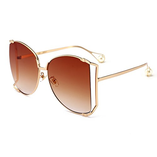 Women Oversized Semi Rimless Sunglasses Retro Gold Metal Frame Brown Lens Fashion Pearl Design 64mm