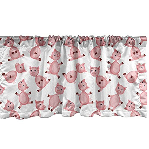 Ambesonne Pig Window Valance Cartoon Sitting and Smiling Pigs Pattern Farmer Domestic Animal Concept Curtain Valance for Kitchen Bedroom Decor with Rod Pocket 54" X 18" Pink White