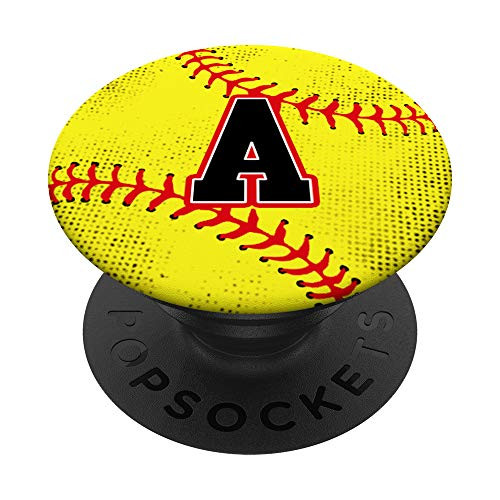 Softball Letter A Black Monogram Red Stitches Coach Gift PopSockets PopGrip- Swappable Grip for Phones  and  Tablets