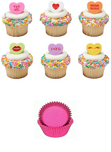 Valentine's Day Valentine Cupcake Toppers and Liners - Enough for 60 Cupcakes -Conversation Hearts with Hot Pink Liners-