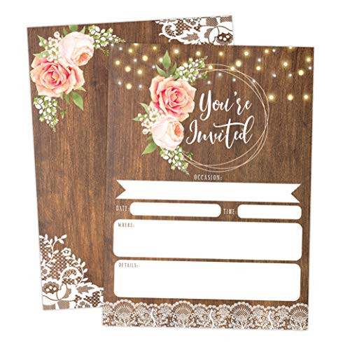 Rustic Country Pink Rose Floral Invitations, Elegant invites for Wedding Rehearsal Dinner, Bridal Shower, Engagement, Birthday, Bachelorette Party, Baby Shower, Reception, Anniversary, Housewarming