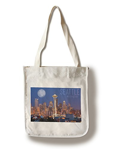 Lantern Press Seattle Washington Skyline and Full Moon -100 percent Cotton Tote Bag Reusable-