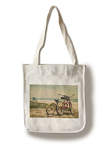 Lantern Press Jersey Shore Bicycles and Beach Scene -100 percent Cotton Tote Bag Reusable-