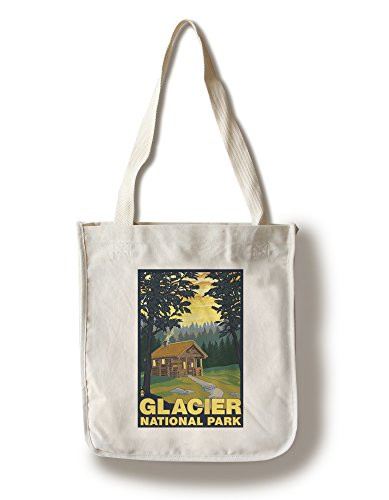 Lantern Press Glacier National Park Montana Cabin Scene -100 percent Cotton Tote Bag Reusable-