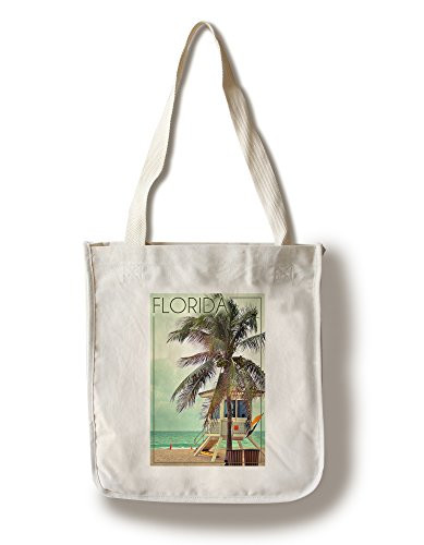 Lantern Press Florida Lifeguard Shack and Palm -100 percent Cotton Tote Bag Reusable-