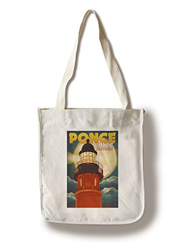 Lantern Press Ponce De Leon Inlet Florida Lighthouse and Moon -100 percent Cotton Tote Bag Reusable-