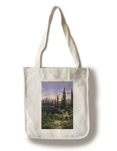 Lantern Press Montana Moose and Calf -100 percent Cotton Tote Bag Reusable-