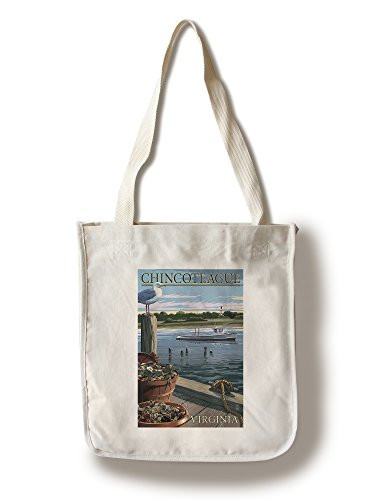 Lantern Press Chincoteague Virginia Blue Crab and Oysters on Dock -100 percent Cotton Tote Bag Reusable-