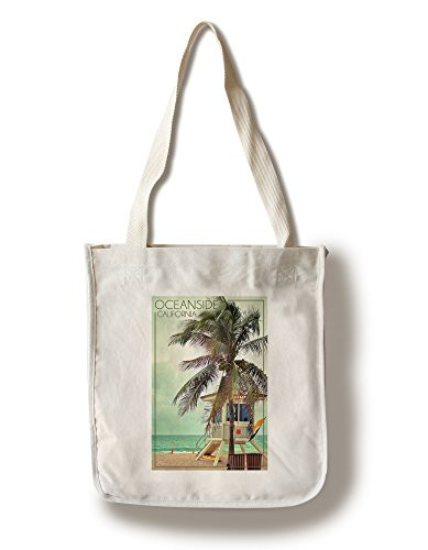 Lantern Press Oceanside California Lifeguard Shack and Palm -100 percent Cotton Tote Bag Reusable-