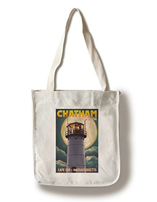 Lantern Press Cape Cod Massachusetts Chatham Light and Full Moon -100 percent Cotton Tote Bag Reusable-
