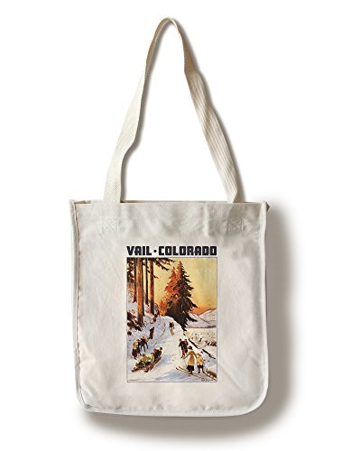 Lantern Press Vail Colordao Sledding and Skiing -100 percent Cotton Tote Bag Reusable-