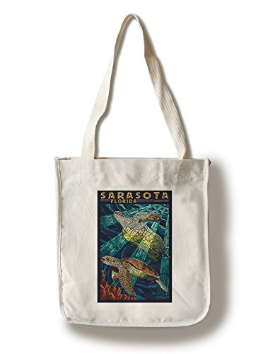 Lantern Press Sarasota Florida Sea Turtle Paper Mosaic -100 percent Cotton Tote Bag Reusable-