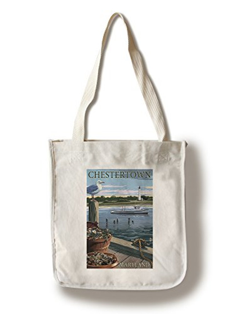 Lantern Press Chestertown Maryland Blue Crab and Oysters on Dock -100 percent Cotton Tote Bag Reusable-