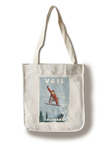 Lantern Press Vail Colorado Snowboarder Jumping -100 percent Cotton Tote Bag Reusable-