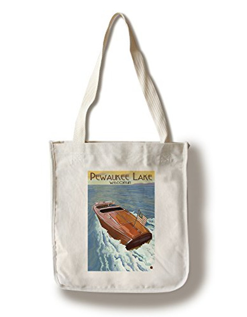 Lantern Press Wooden Boat Pewaukee Lake Wisconsin -100 percent Cotton Tote Bag Reusable-