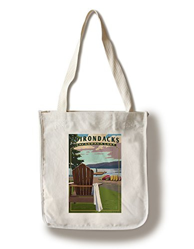 Lantern Press Adirondack Mountains New York Sacandaga Lake Adirondack Chair -100 percent Cotton Tote Bag Reusable-