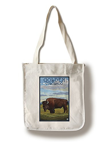 Lantern Press Golden Colorado Bison Scene -100 percent Cotton Tote Bag Reusable-