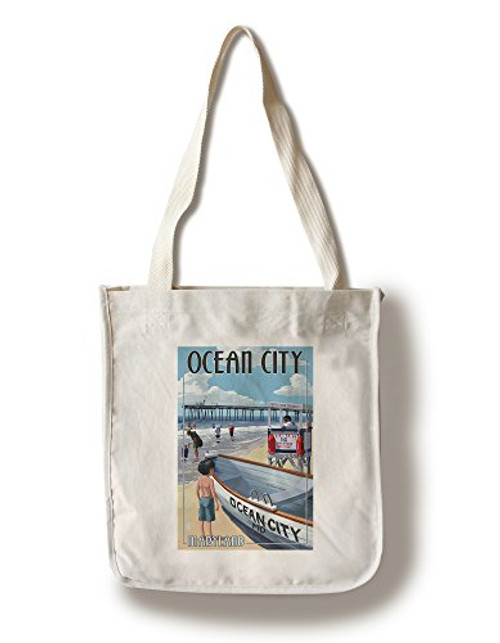 Lantern Press Ocean City Maryland Lifeguard Stand -100 percent Cotton Tote Bag Reusable-