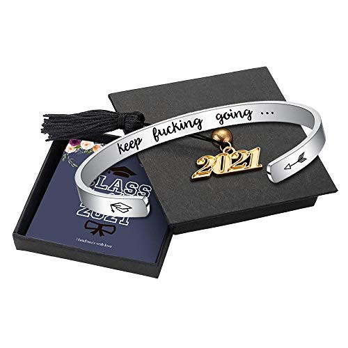 M MOOHAM 2021 Inspirational Graduation Gifts Bracelet - Class of 2021 Keep Fucking Going Inspirational Bracelet Personalized Engraved Mantra Saying Stainless Steel Open Graduation Cuff Bangle