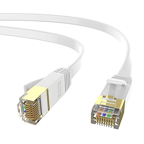 Cat 7 Ethernet Cable 50 ft High Speed Long Flat LAN Cable RJ45 Connectors Shielded Network Internet Cable Patch Cord cat 7 ethernet Cables for PC LaptopModemRouter GamingWhite