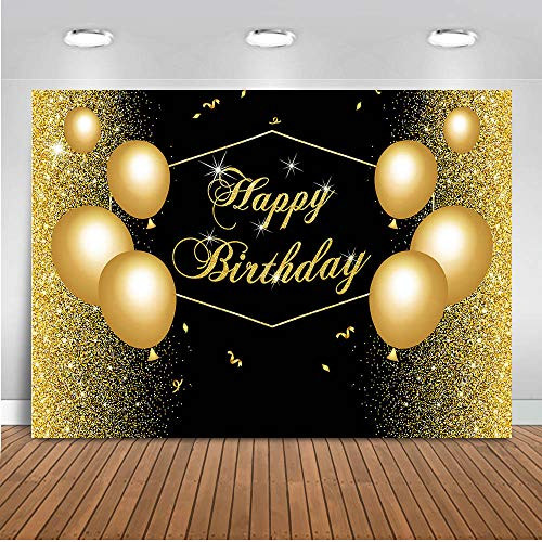 Mocsicka 7x5ft Black Gold Birthday Backdrop Glitter Gold Balloons Photography Background for Adults Birthday Happy Birthday Cake Table Photo Booth Backdrops