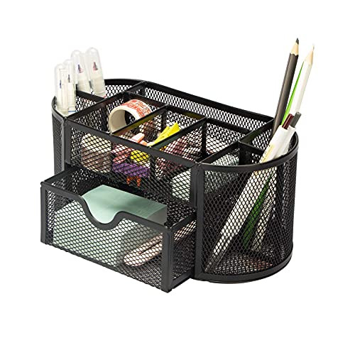 Aobopar Mesh Desk Organizer with 9 Compartments Office Desktop Organizer with Drawer Metal Stationary Organizer Desk Caddy For Office Accessories -Black-