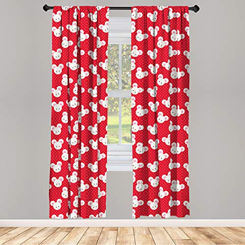 Ambesonne Mouse 2 Panel Curtain Set Nursery Pattern with Cartoon Animal on Warm Polka Dots Children's Layout Lightweight Window Treatment Living Room Bedroom Decor 56" x 63" Pink White