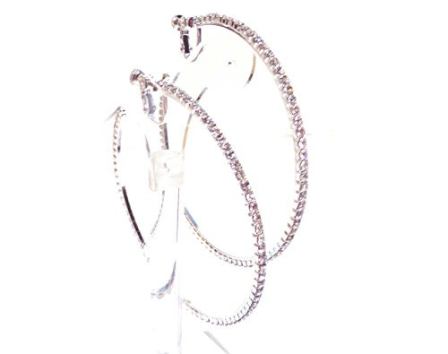 Clip-on Earrings Silver Tone Crystal Hoop Earrings 2.75 Inch Clip Hoop Earrings for Non Pierced Ears Clip-on Earrings Silver Tone Crystal Hoop Earrings 2.75 Inch Clip Hoop Earrings for Non Pierced Ears