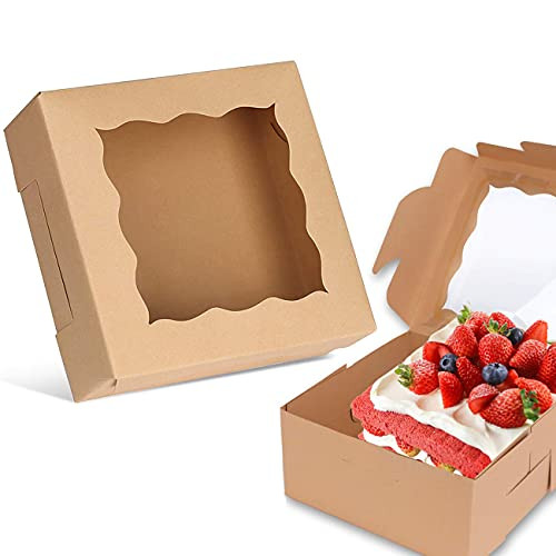24 Pcs 6x6x3" Brown Bakery Boxes Pastry Mini Gift Giving Cake Boxes with PVC Window for Cookies Pie Cupcakes Dessert Included Parchment Paper and Stickers
