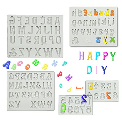5Pcs Letter Number Silicone Molds Set for Chocolate EsLuker.ly DIY Alphabet Moulds Uppercase Lowercase Letter Mold 0-9 Number Fondant Molds for Candy Birthday Cake Decoration -gray-
