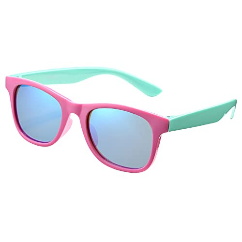 Kids Polarized Sunglasses Square Flexible Frame Shades for Girls Boys Children Age 3-6 -Pink Green Frame- Blue Mirrored Lens-