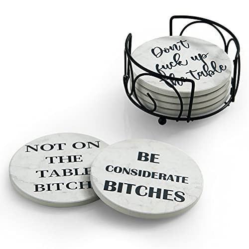 Hoomey Funny Coasters for Drinks Set of 6 Absorbent Drink Coasters with Holder Marble Style Ceramic Drink Coasters with Cork Backing for Table Protection Housewarming Gifts for New Home