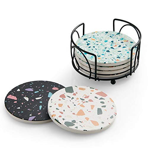 Hoomey Coasters for Drinks Set of 6 Absorbent Drink Coasters with Holder Terrazzo Style Ceramic Drink Coasters with Cork Backing for Table Protection Housewarming Gifts for New Home