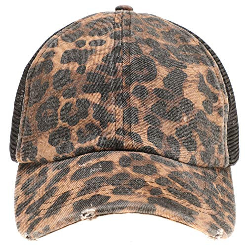 MIRMARU Womens Baseball Caps Distressed Vintage Patch Washed Cotton Low Profile Embroidered Mesh Snapback Trucker Hat -Distressed Leopard Brown-