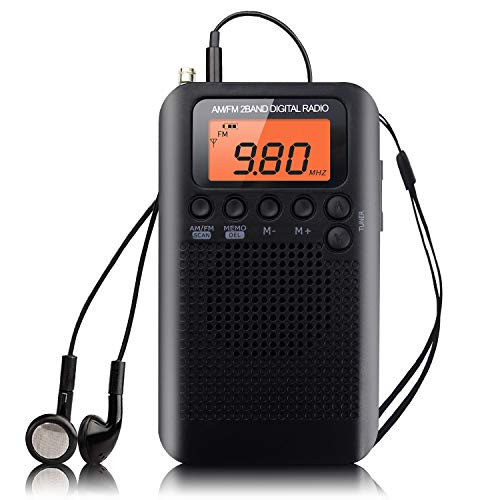 Portable Pocket Radio Mini AM FM Radio Personal Digital Tuning Stereo Radio Compact Transistor Radio with Earphones Alarm Clock and Sleep Timer Battery Operated LCD Display for Walk Jogging (Black)