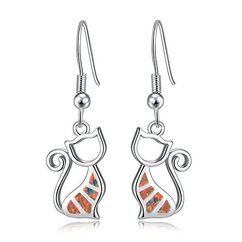 CiNily Cat Earrings Opal Dangle Drop Earrings 18K White Gold Plated Gemstone Earrings Orange Fire Opal Jewelry for Women Girls