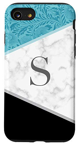 iPhone SE -2020- - 7 - 8 Floral Color Block Initial Letter S Monogram Teal Black Case
