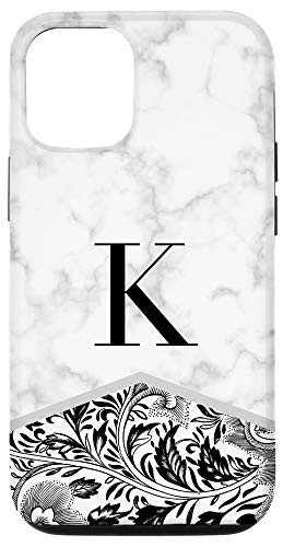 iPhone 12-12 Pro Initial Letter K Monogram Black White Classy Floral Phone Case
