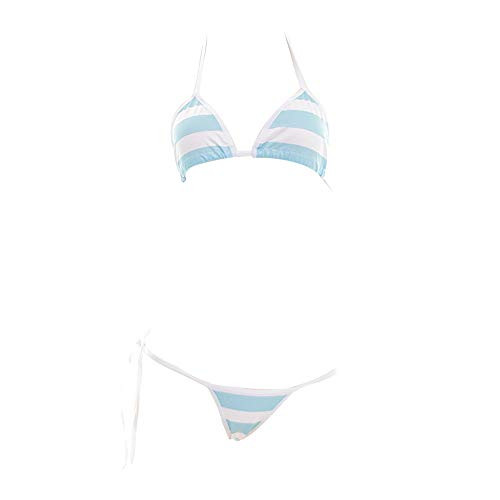 YOMORIO Micro Bikini Cute Stripe Cosplay Lingerie Set Anime Babydoll Thong Bikini Light Blue