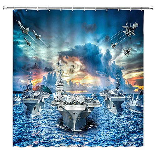 Aircraft Carrier Shower Curtain U.S. Navy Aircraft Carrier Marine Fighter Military Political Battle Sky Sea Water Kids Men Bathroom Decoration Fabric Bathroom Set with Hook 70x70 Inch Blue