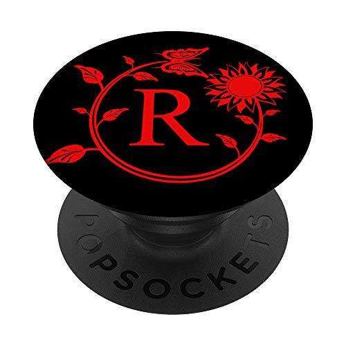 Monogram Cute Red Butterfly Letter R Initial Sunflower Black PopSockets PopGrip- Swappable Grip for Phones  and  Tablets