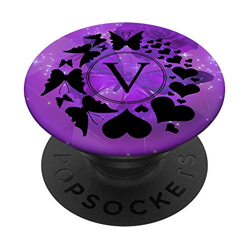 Heart Monogram Purple Butterfly  and  Rose with Letter V Initial PopSockets PopGrip- Swappable Grip for Phones  and  Tablets