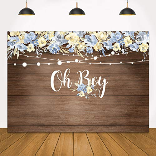 Rustic Wood Baby Shower Backdrop 7x5ft Oh Boy Floral Backdrops Wooden Light Blue Flower Newborn Birthday Party Kid Photography Background Cake Table Decoration Photo Booth Studio Props Favors Supplies